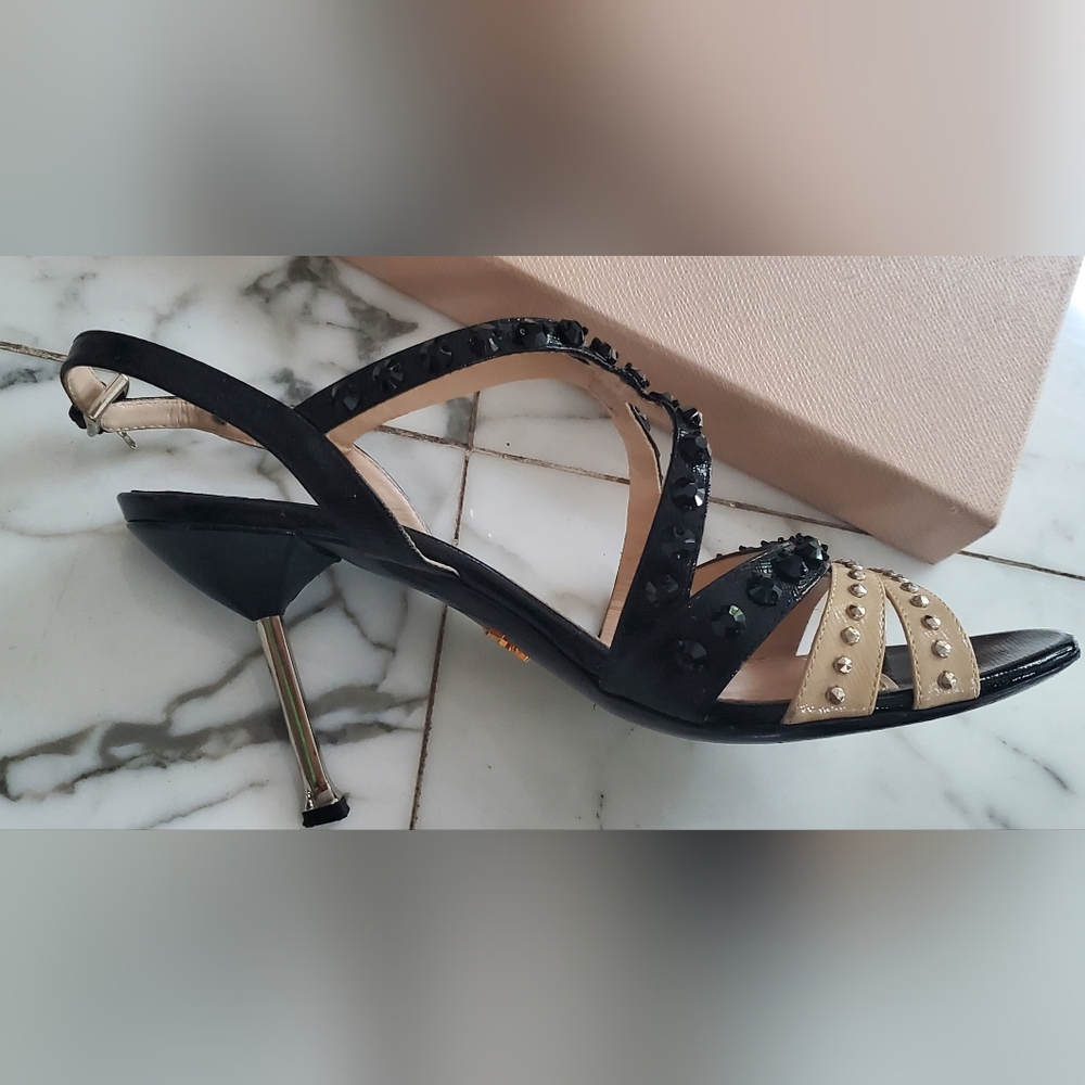PRADA - size 9 1/2 sandals/shoes-patent leather black/nude color-studded accent